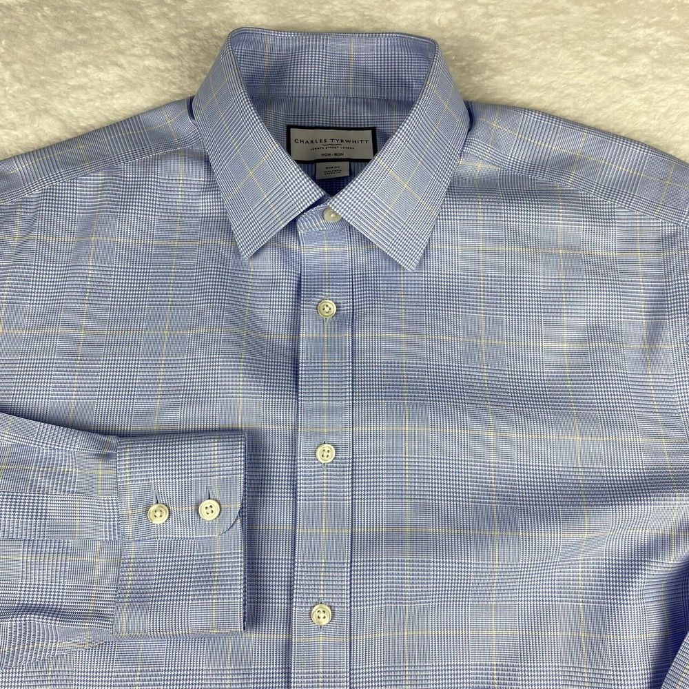 Charles Tyrwhitt Dress Shirt Mens 16.5-33 Blue/Yellow Plaid Slim Fit No Iron